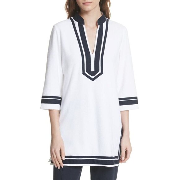 Tory Burch Tory 100% Terry Cotton Tunic in White/Navy Size Small - Picture 1 of 8